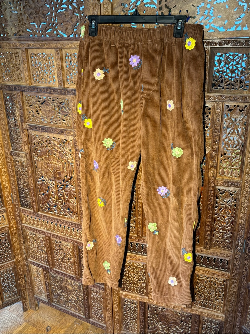 Urban Outfitters Brown Corduroy Joggers with Multicolor Floral Appliqués